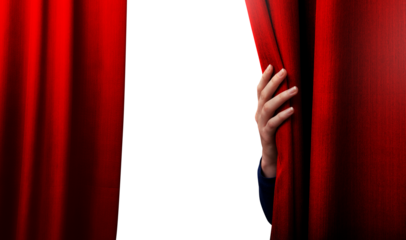 Hand are opening the curtain of a stage. the show is about to begin