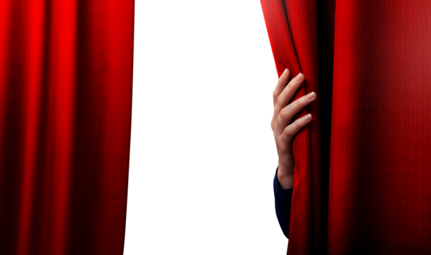 Hand are opening the curtain of a stage. the show is about to begin
