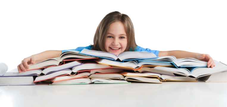 Girl student study with many books
