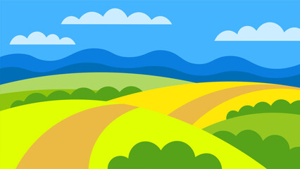 Obraz premium Countryside horizontal illustration. Bright green summer fields on abstract mountains background.