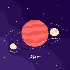Cartoon planet Mars with Deimos, Phobos moons orbit on space background in flat style. - obrazy, fototapety, plakaty