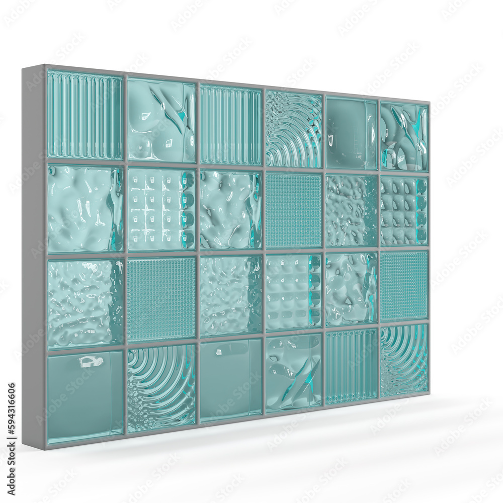 Poster 3d rendering of a glass block wall isolated on a white background