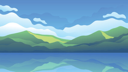Fototapeta na wymiar Green tropical island with mountain range on daytime blue sky background.