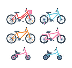 Set of flat kids and teenager bicycles.