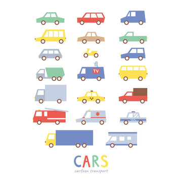 Cute cartoon set of cars isolated on white background. Transport of emergency services, civilian cars.