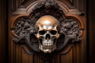 Death's Door. Generative AI.
A digital painting of a death's head on an oaken door of a Victorian mansion. - obrazy, fototapety, plakaty