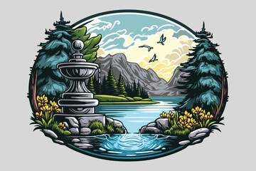 Beautiful portrait scenery of a lake view illustration