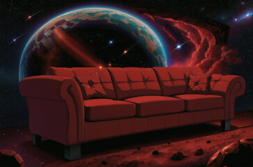 a red sofa stands on an uninhabited planet in space against the background of a cosmic landscape. Generative AI.