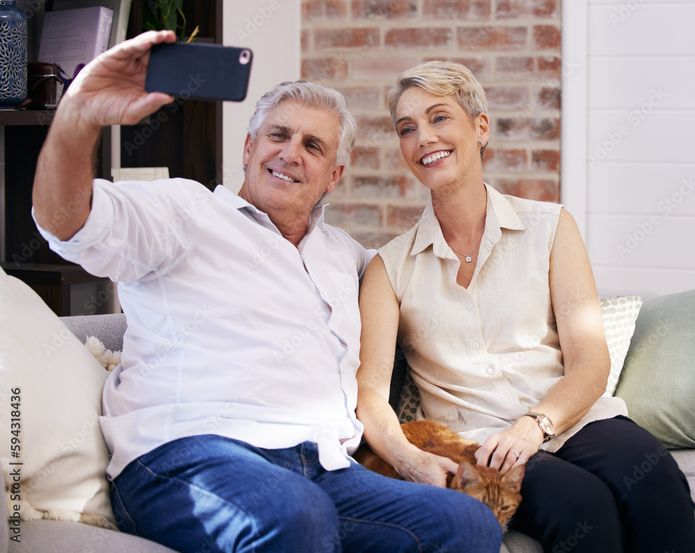 Poster were just lounging about. a mature couple taking selfies while relaxing with their pet cat on a sofa