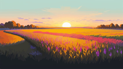 Sunset in the field of wildflower. Vector illustration of a summer landscape.