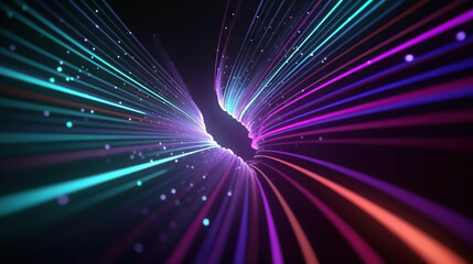 Neon glowing rays. Futuristic abstract background with digital lines for network, big data, speed. Based on Generative AI