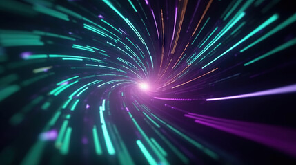 Neon glowing rays. Futuristic abstract background with digital lines for network, big data, speed. Based on Generative AI