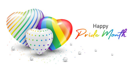 Happy pride month LGBTQ template and background with 3d rainbow heart minimalist style.