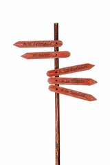 the signpost shows four arrows and pointing to several other directions
