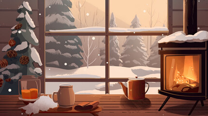 Fototapeta na wymiar Cozy winter scene with fireplace and hot cocoa and winter related things