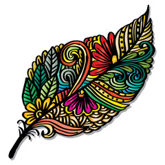 Doodle zentangle feather with floral ornament.