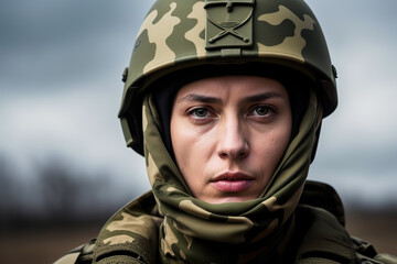 Generative AI illustration of serious woman soldier wearing military costume looking at camera while standing against blurred background