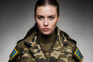 Generative AI illustration of serious woman soldier wearing military costume looking at camera while standing inside a studio