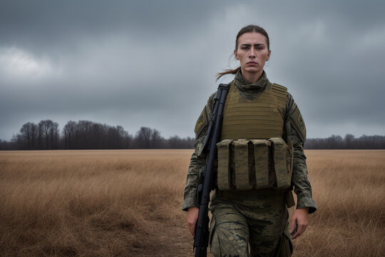 Generative AI illustration of young military woman in camouflage trousers and jackets walking with body armor on grassy field