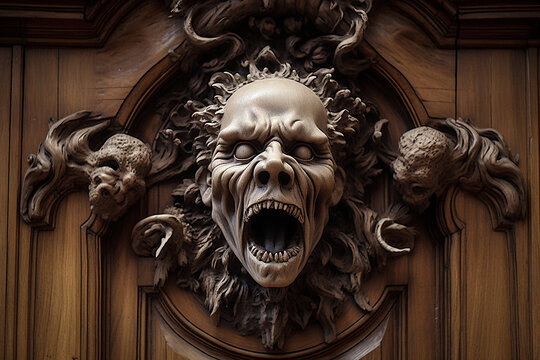 Death's Door. Generative AI.
A digital painting of a death's head on an oaken door of a Victorian mansion.