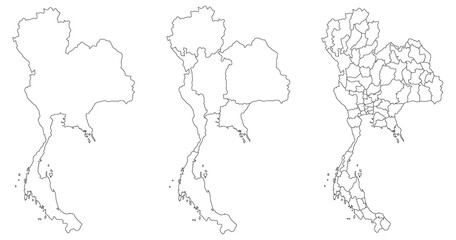Thailand map set white-black outline with the administration of regions and provinces map 