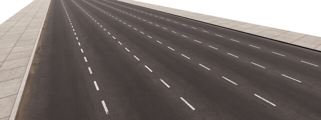 Empty asphalt road six with two sidewalks lanes  in PNG isolated on transparent background. straight road line.  © Thossaphon