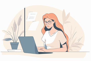 Woman working on laptop while sitting at table, bright colors, cartoon illustration, flat
