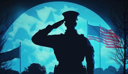 A silhouette of a soldier saluting the american flag for memorial day Generative AI