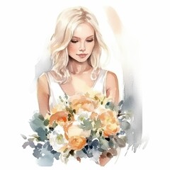 Watercolor portrait of young blonde woman with bouquet of flowers. Created with Generative AI technology - 594321014