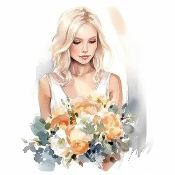 Watercolor portrait of young blonde woman with bouquet of flowers. Created with Generative AI technology