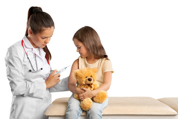 Doctor vaccinating little girl on hospital background - obrazy, fototapety, plakaty
