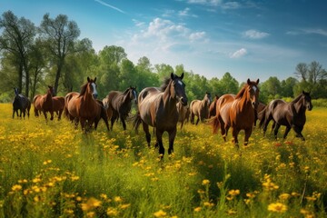 Fototapeta premium Herd of horses running free in a lush, green pasture during the springtime, showcasing the natural beauty and energy of these majestic animals - Generative AI