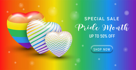 happy pride month LGBTQ banner template special sales promotion with 3d rainbow heart.