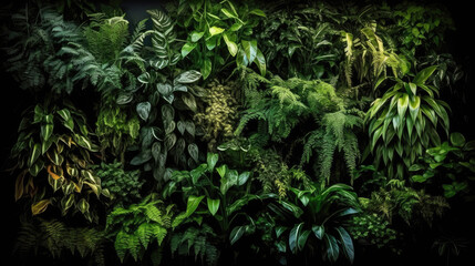 Naklejka na ściany i meble mur de végétation luxuriante, tropicale, de la forêt primaire d’Amazonie ou des forêt profonde de l’Afrique équatoriale