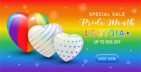happy pride month LGBTQ banner template special sales promotion with 3d rainbow heart.