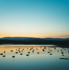 Tranquil view of boats on the lake at sunset