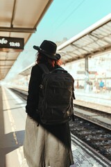 Vertical back view of a young female wearing black coat and backpack at the station