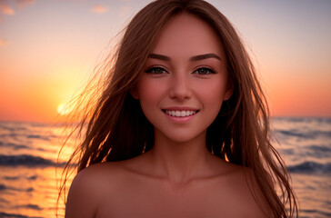 Naked woman on background of seascape. Portrait of young female smiling on background of ocean, sea at sunset. Generative AI.