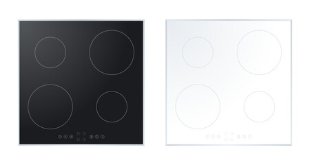 Electric stove induction cooktop with four power boost burners set. Domestic equipment. Realistic smooth surface ceramic with black and white glass. Electric hob. Top view. Home appliance. Vector - obrazy, fototapety, plakaty