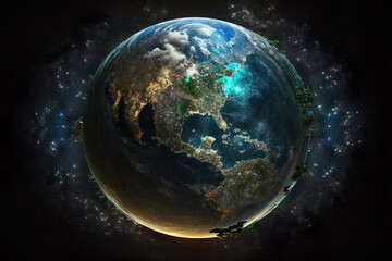 Naklejka premium Sphere of nightly Earth planet in outer space. Generative Ai.