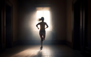 Naklejka na ściany i meble Silhouette of a running woman. Generative AI technology.