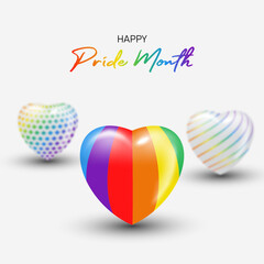 Happy pride month LGBTQ template and background with 3d rainbow heart minimalist style.