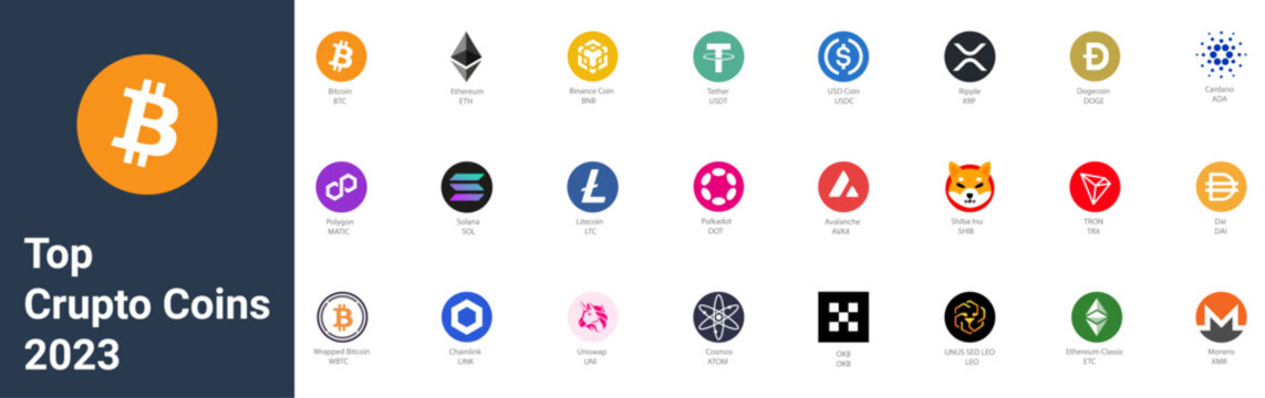 Rivne, Ukraine - April 19, 2023. Crypto coins Logo Set in Market. Trending cryptocurrency. Digital cryptocurrency, DeFi, token icons. Bitcoin, Ethereum, Dogecoin, and more