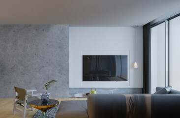 3D rendering modern living room with TV wall.