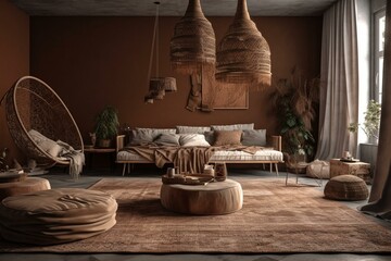 Fototapeta na wymiar Boho style home interior, living room in brown warm color, 3d render. Generative AI
