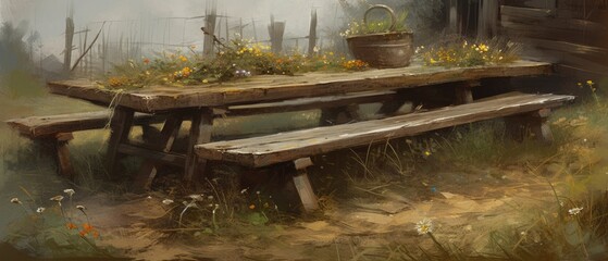 Wooden table and benches in the old village with cut wildflowers lying on top, misty morning - Ai generated