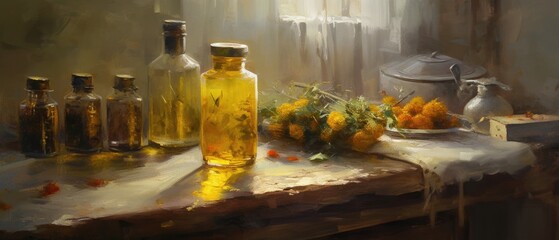 Rural still life with bottles of oil and oil preserved herbs on a wooden table, sunny sunshine through window - Ai generated