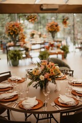 Interior of a restaurant decorated with flowers for a wedding celebration ceremony