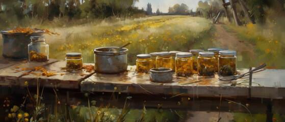 honey in jars on a wooden table outside next to rural countryside footpath, autumn rustic landscape - Ai generated