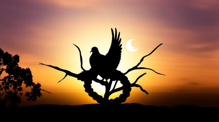Silhouette of a dove on a background of the sun. International Peace Day Concept, Generative AI